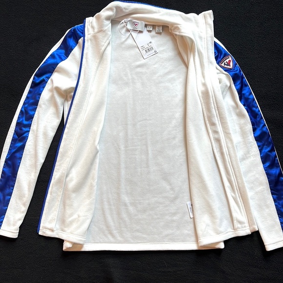 Rossignol White Velour & Blue Satin Stripe Zip Up Track Jacket Sweatshirt Medium - Picture 7 of 13